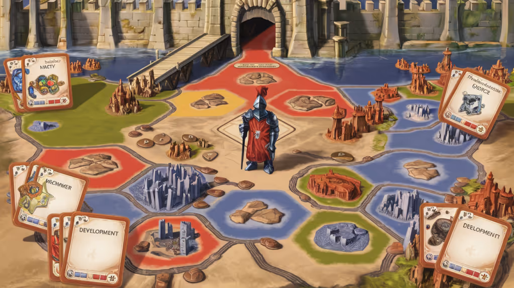 Fan art Illustration of a Catan board game with a knight and various terrain tiles