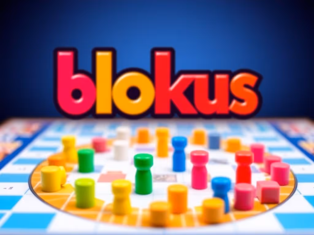 A vibrant image of the Blokus board game with colorful pieces arranged on the board.