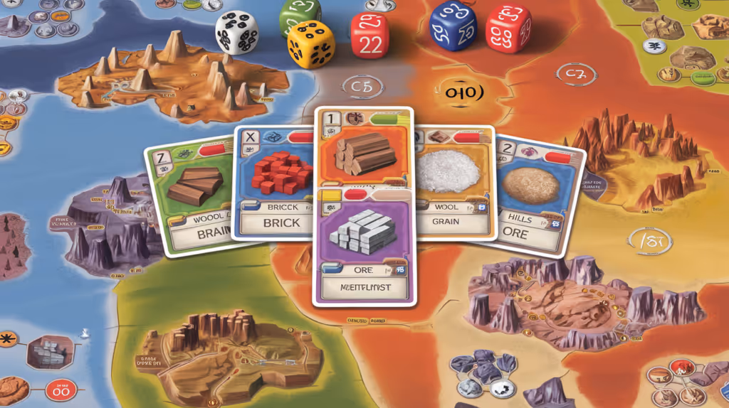 Close-up of Catan ore and wheat cards with a city card and other resources in the background.