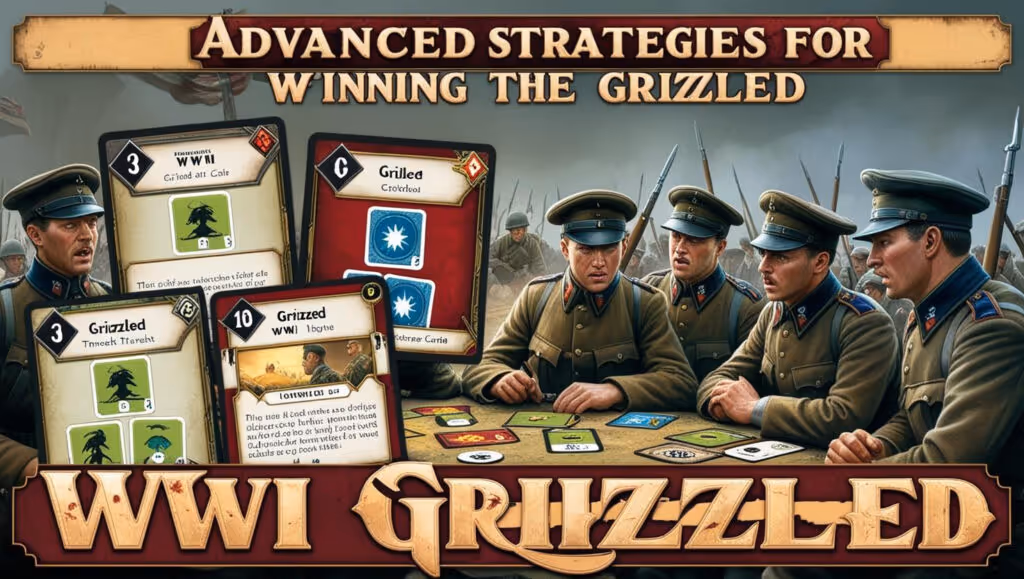 Illustration of soldiers playing The Grizzled with cards showing advanced strategies for winning