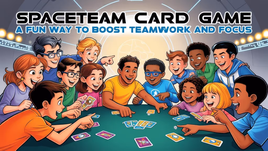 Teenagers playing Spaceteam card game, pointing and smiling.