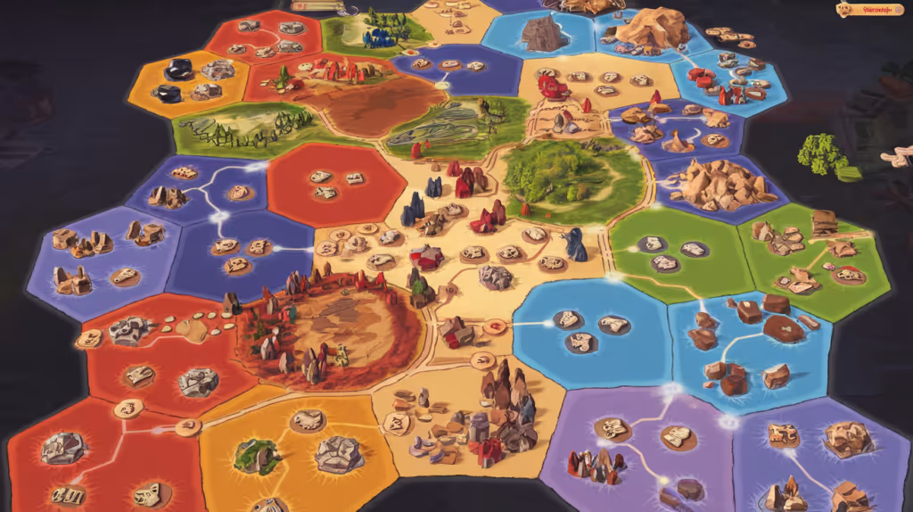 Detailed Catan fan art illustration featuring a sprawling game board with various terrain tiles and player settlements