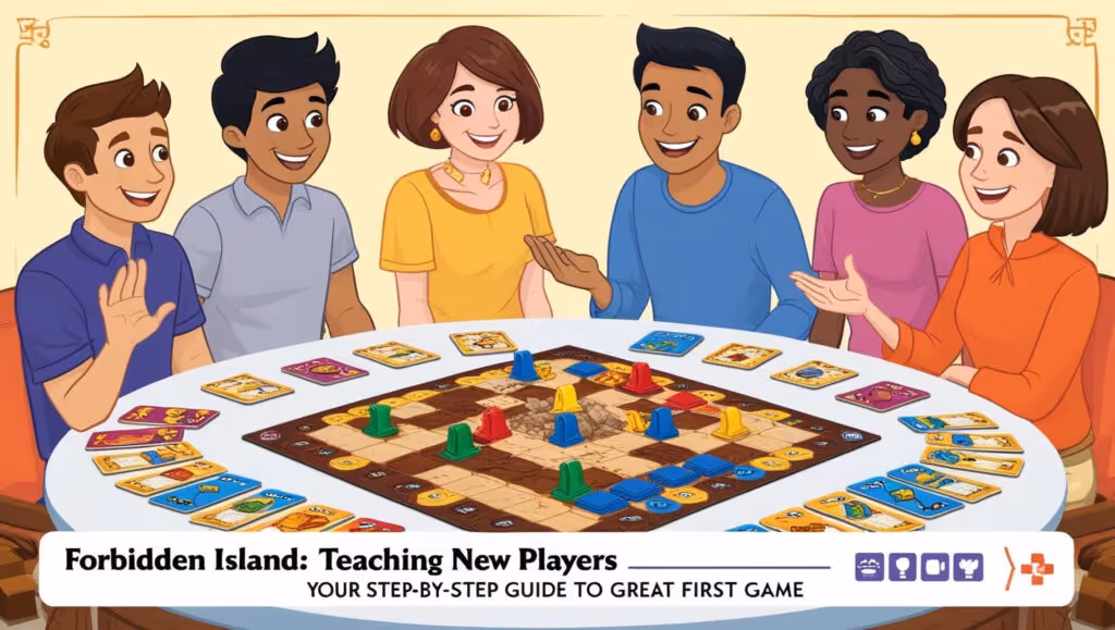 Illustration of a group of people gathered around a table, playing the Forbidden Island board game, with game pieces and cards laid out