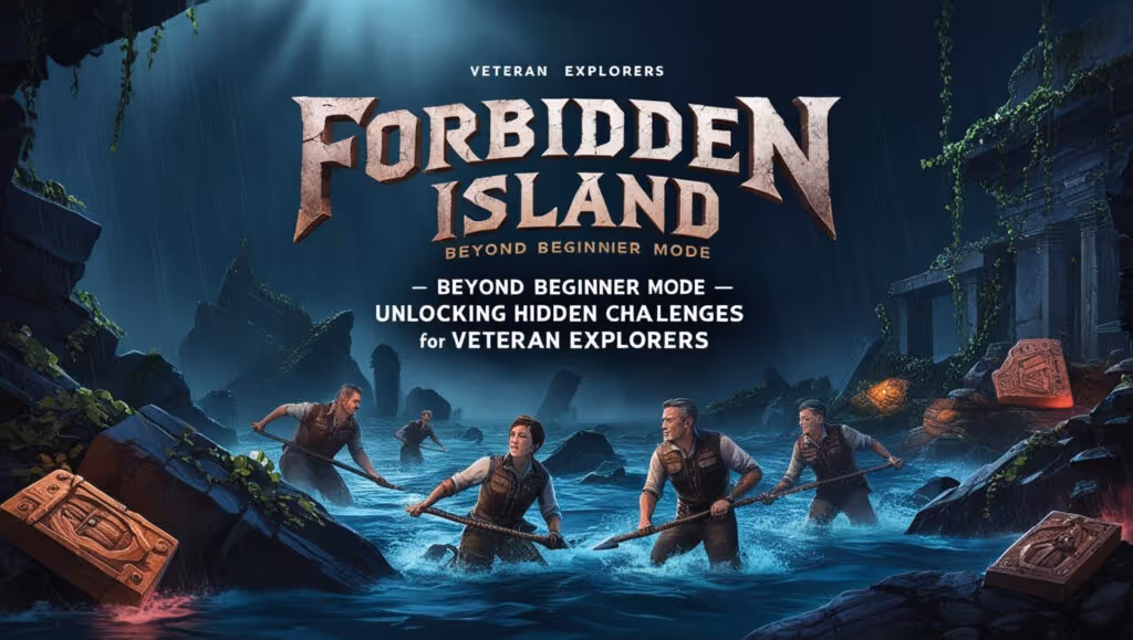 Forbidden Island: Beyond Beginner Mode - Unlocking Hidden Challenges for Veteran Explorers. Image shows adventurers navigating through a mysterious, ruined island with ancient artifacts