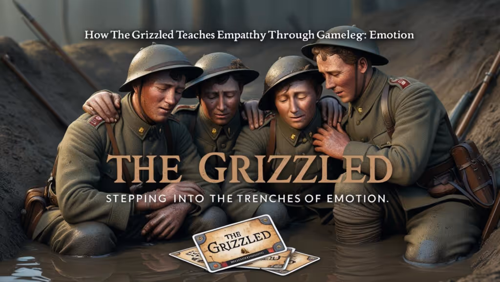 Illustration of four World War I soldiers huddled together in a trench, with the text 'How The Grizzled Teaches Empathy Through Gameplay: Stepping into the Trenches of Emotion.'