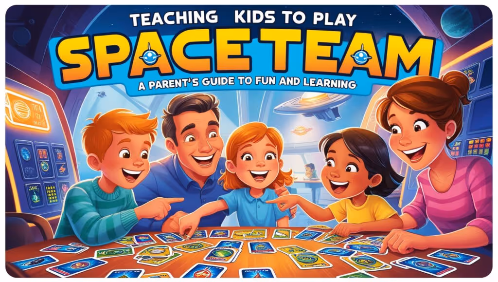Illustration of a family playing the Space Team card game & Teaching Kids to Play Space Team: A Parent's Guide to Fun and Learning