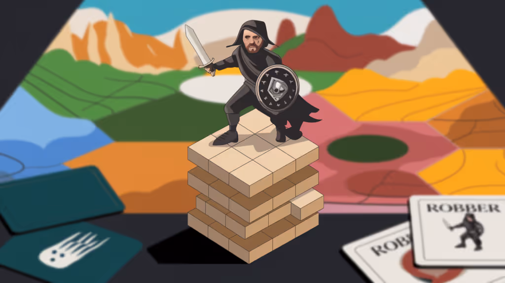Illustration of a knight standing on a stack of blocks with a Catan game board in the background