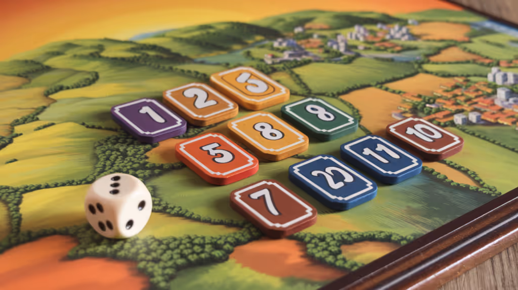 Close-up of Catan ore and wheat cards with a city card and other resources in the background.