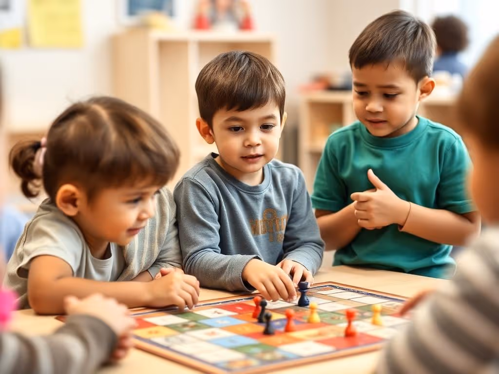 Children showing positive engagement and patience while waiting for their turn during board game play