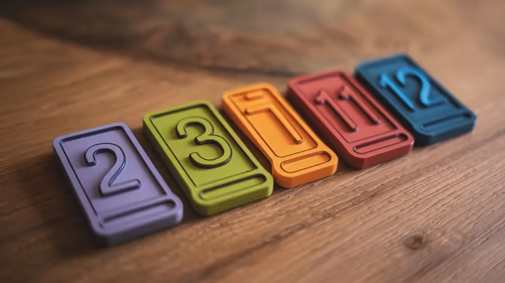 Catan number tokens on a wooden surface