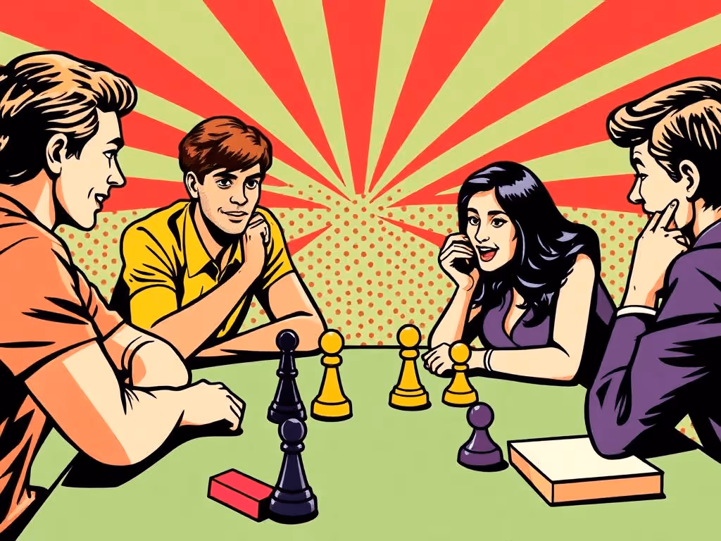 A pop art illustration of friends playing a board game, showcasing social interaction and confidence-building.