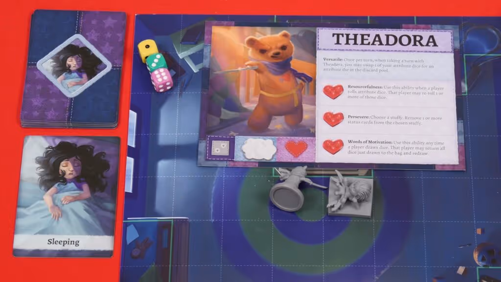 Board Game Review: Stuffed Fables box cover and game components, featuring colorful character figures, storybook game board, dice, and adventure cards.