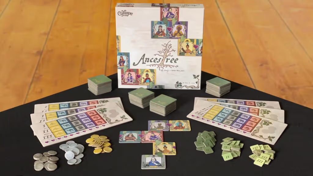 Ancestree board game box and components, including cards, tokens, and player boards, arranged on a wooden table.