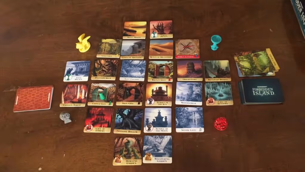 Forbidden Island board game setup with various cards and game pieces arranged on a table