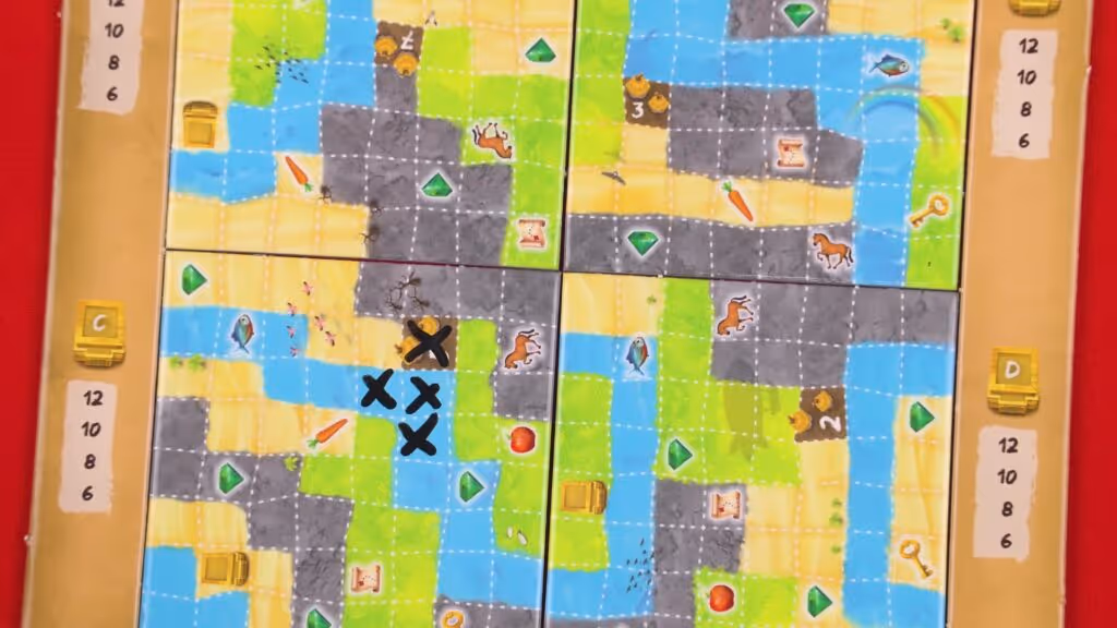 Colorful puzzle pieces from the "Explorers" game, depicting a farm-themed landscape with animals, crops, and tools.
