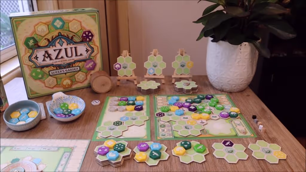 Board game setup with tiles and components.