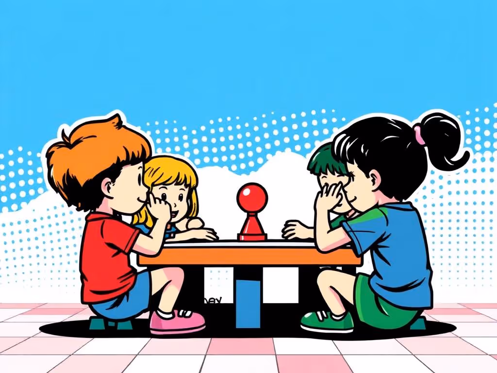 Three children playing a board game together, with one child appearing to be contemplating their next move.