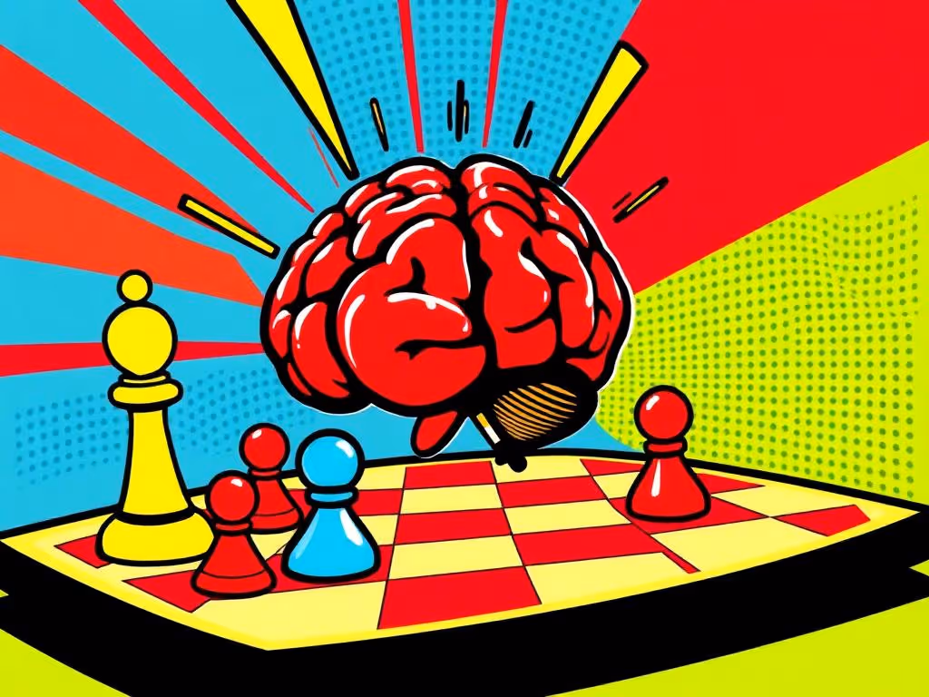 A vibrant illustration of a brain playing a board game, emphasizing cognitive activity.