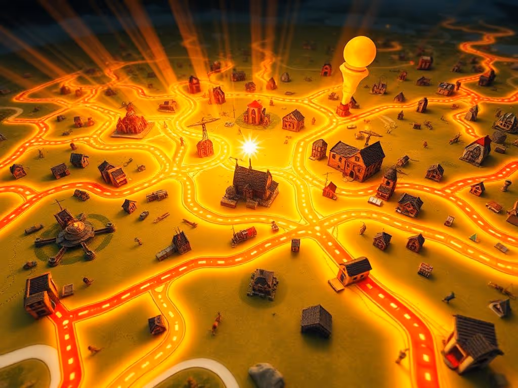 Illustrated board game map with glowing roads and buildings, centered on a bright light source