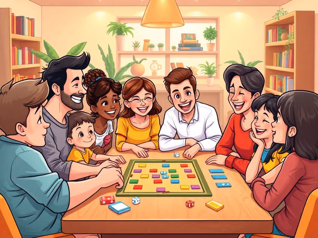 An illustration of a diverse group of people enjoying a board game together, showcasing the social and communicative aspects of gaming.